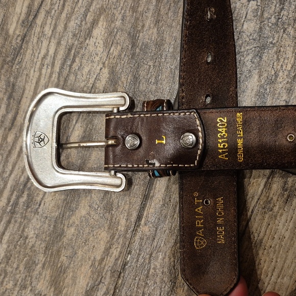 Ariat Womens Brown Teal Leather Belt Silver Buckle And Rhinestones Sz Large - Picture 3 of 4